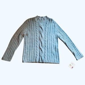 Vintage Angora Sweater Rabbit Boxy Cable knit Mock Neck Baby Blue Scandi  XL